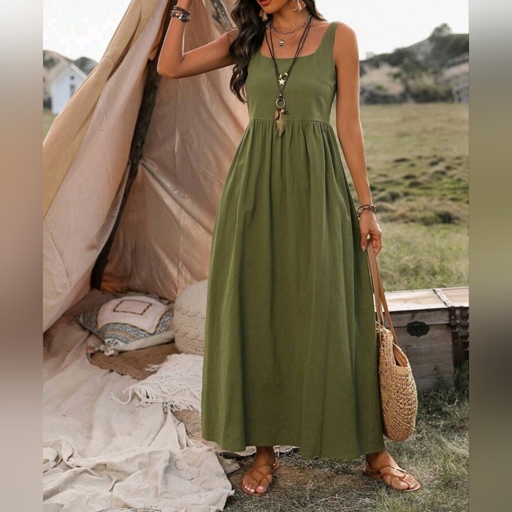 NEW Textured Cotton Cami Tank Maxi Dress Olive Green - Picture 3 of 8